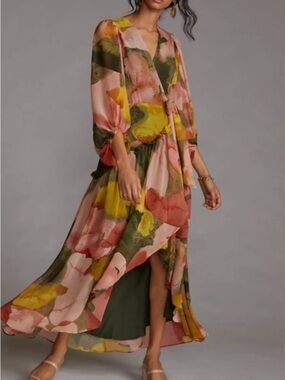 Hutch Yellow Green Orange Floral Midi Wrap Dress